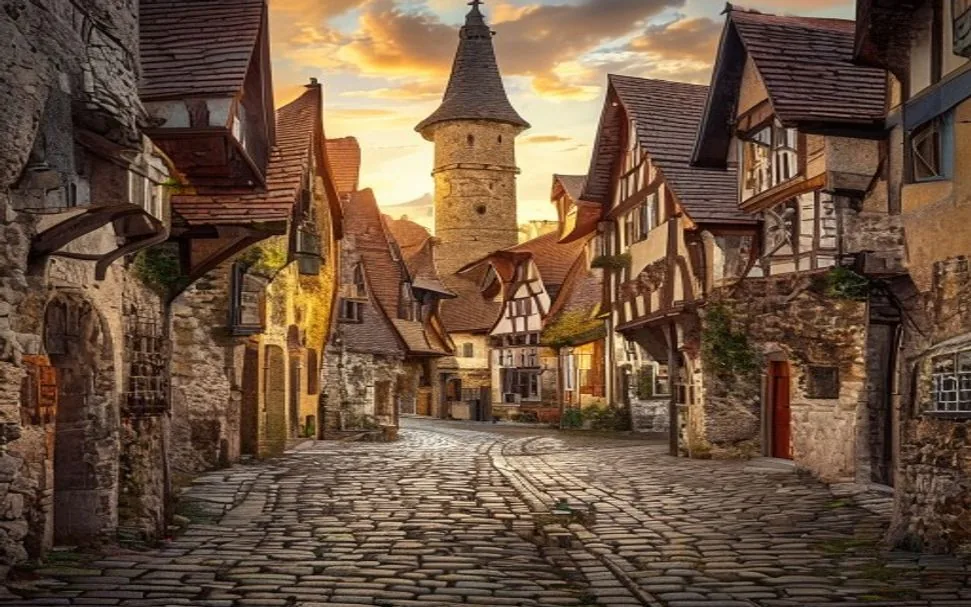 Historische Altstadtgasse mit Torturm und Fachwerkhäusern