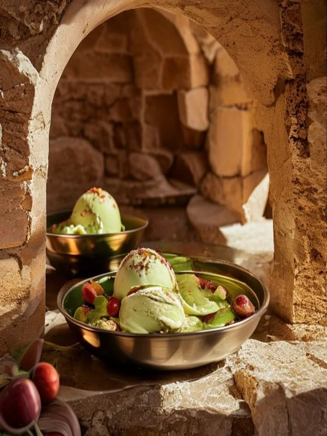 Italienisches Gelato in der Theke, gerahmt von einem warmen Torbogen